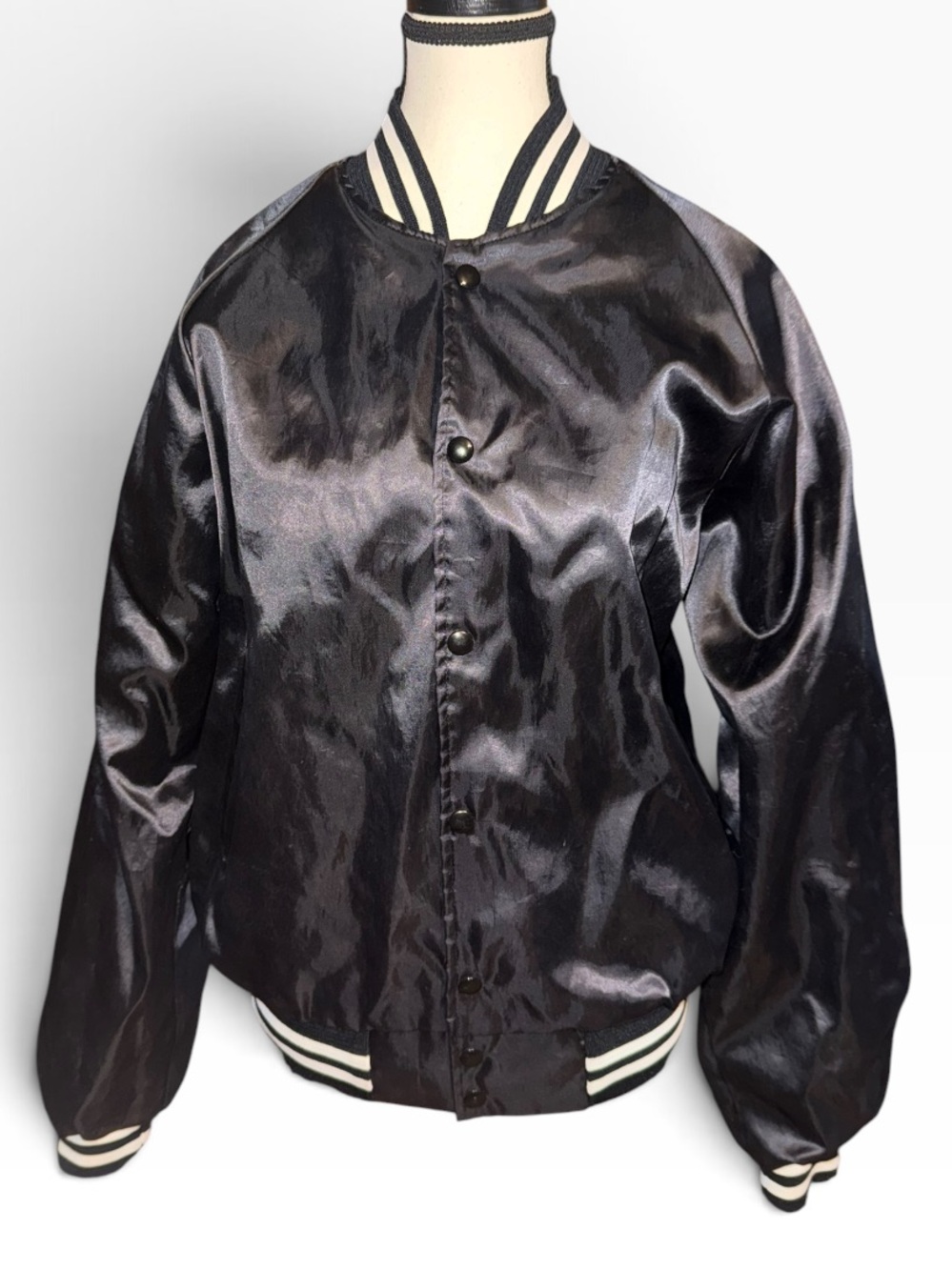 Vintage 90s Hartwell Sports Black Satin Bomber Jacket Varsity Blank Snap USA